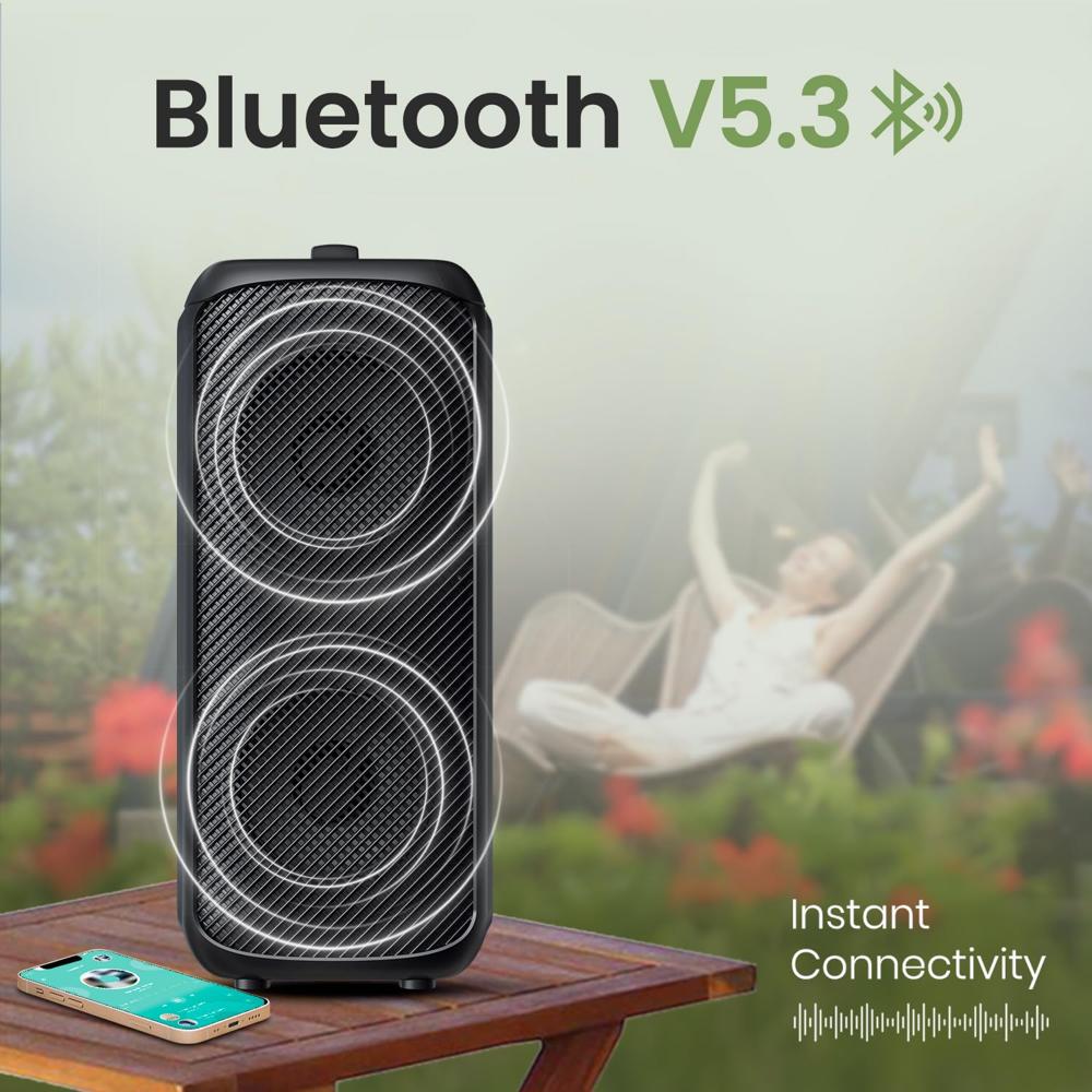 Portronics Rumble 25W Portable Bluetooth Speaker with Wired Karaoke Mic, Upto 5 Hours Playtime, Bluetooth V5.3, Dual Dynamic Driver, TF Card Slot, AUX in/USB in Port, Type C Fast Charging(Black)