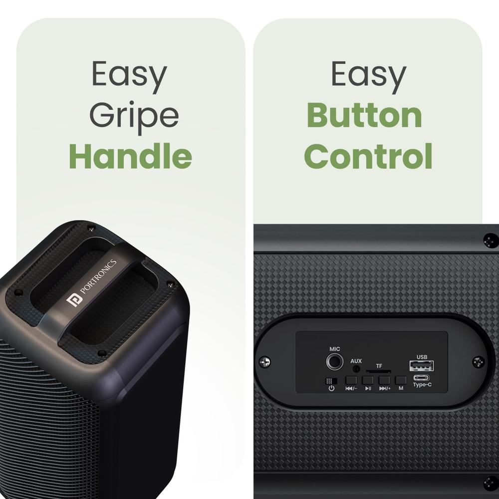 Portronics Rumble 25W Portable Bluetooth Speaker with Wired Karaoke Mic, Upto 5 Hours Playtime, Bluetooth V5.3, Dual Dynamic Driver, TF Card Slot, AUX in/USB in Port, Type C Fast Charging(Black)