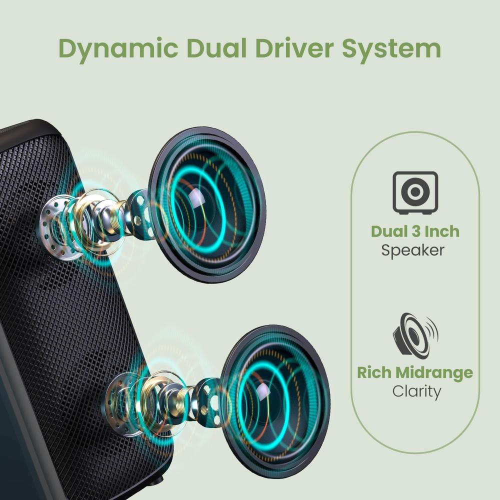 Portronics Rumble 25W Portable Bluetooth Speaker with Wired Karaoke Mic, Upto 5 Hours Playtime, Bluetooth V5.3, Dual Dynamic Driver, TF Card Slot, AUX in/USB in Port, Type C Fast Charging(Black)