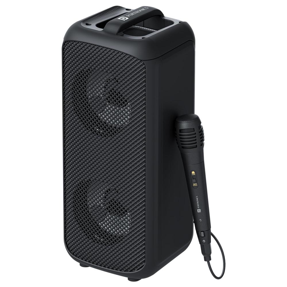 Portronics Rumble 25W Portable Bluetooth Speaker with Wired Karaoke Mic, Upto 5 Hours Playtime, Bluetooth V5.3, Dual Dynamic Driver, TF Card Slot, AUX in/USB in Port, Type C Fast Charging(Black)