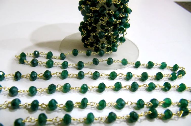 Natural Green onyx Rondelle Faceted 3-4mm Size Beaded Wire Wrapped Rosary chain 