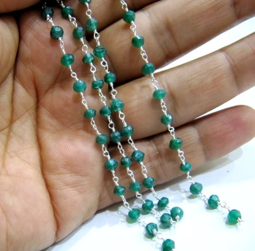 Natural Green onyx Rondelle Faceted 3-4mm Size Beaded Wire Wrapped Rosary chain