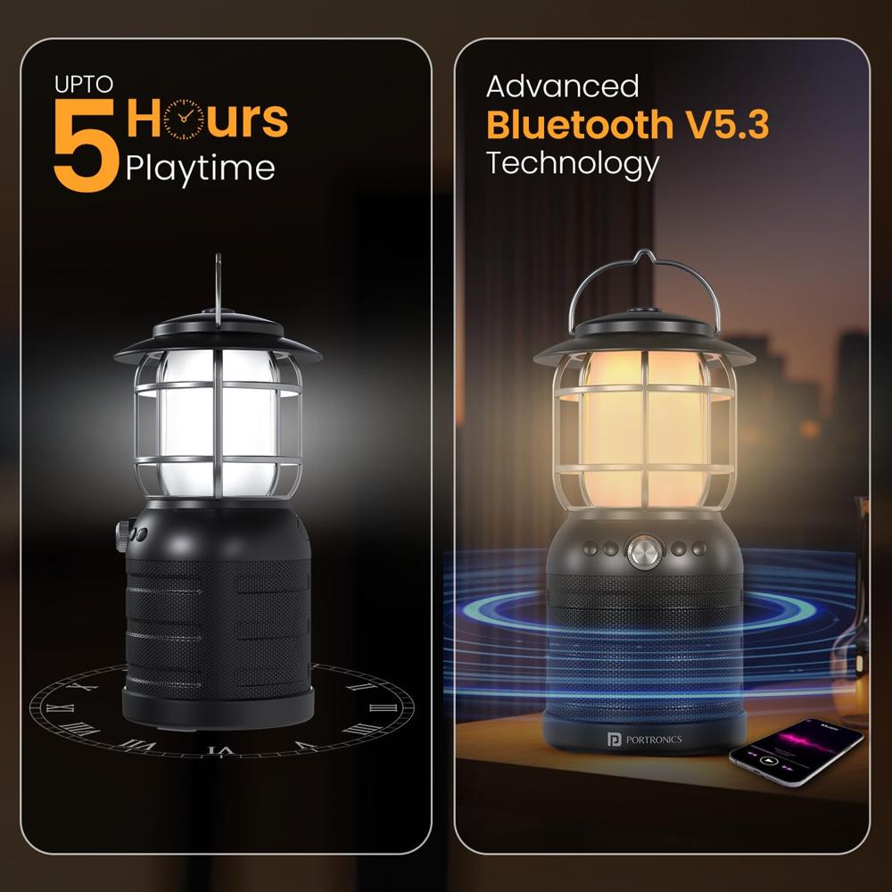 Portronics ilumi II 16W HD Sound Bluetooth Speaker With LED Lamp, Upto 5 Hrs Playtime, 2 LED Lantern Lamp Mode, Bluetooth V5.3, USB Port, Integrate Handle, Water Resistant, Type C Fast Charging(Black)