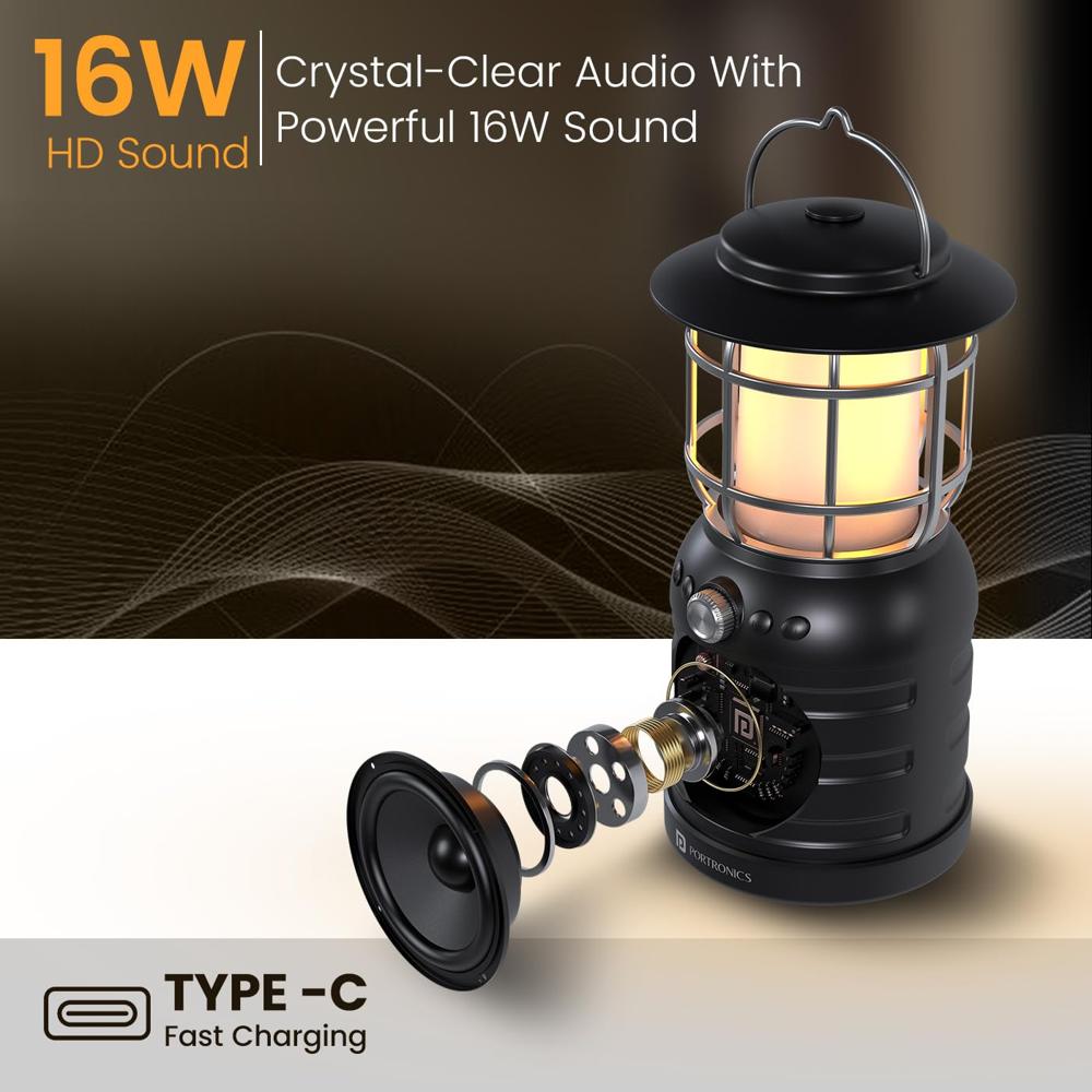 Portronics ilumi II 16W HD Sound Bluetooth Speaker With LED Lamp, Upto 5 Hrs Playtime, 2 LED Lantern Lamp Mode, Bluetooth V5.3, USB Port, Integrate Handle, Water Resistant, Type C Fast Charging(Black)