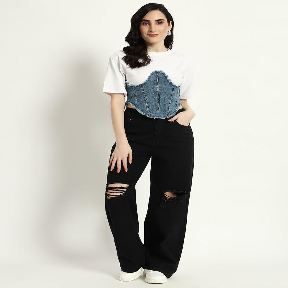 White Denim Corset Attached Top