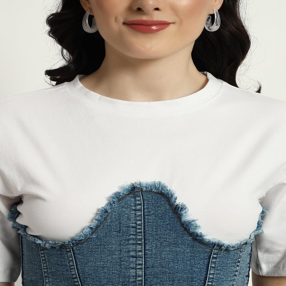 White Denim Corset Attached Top
