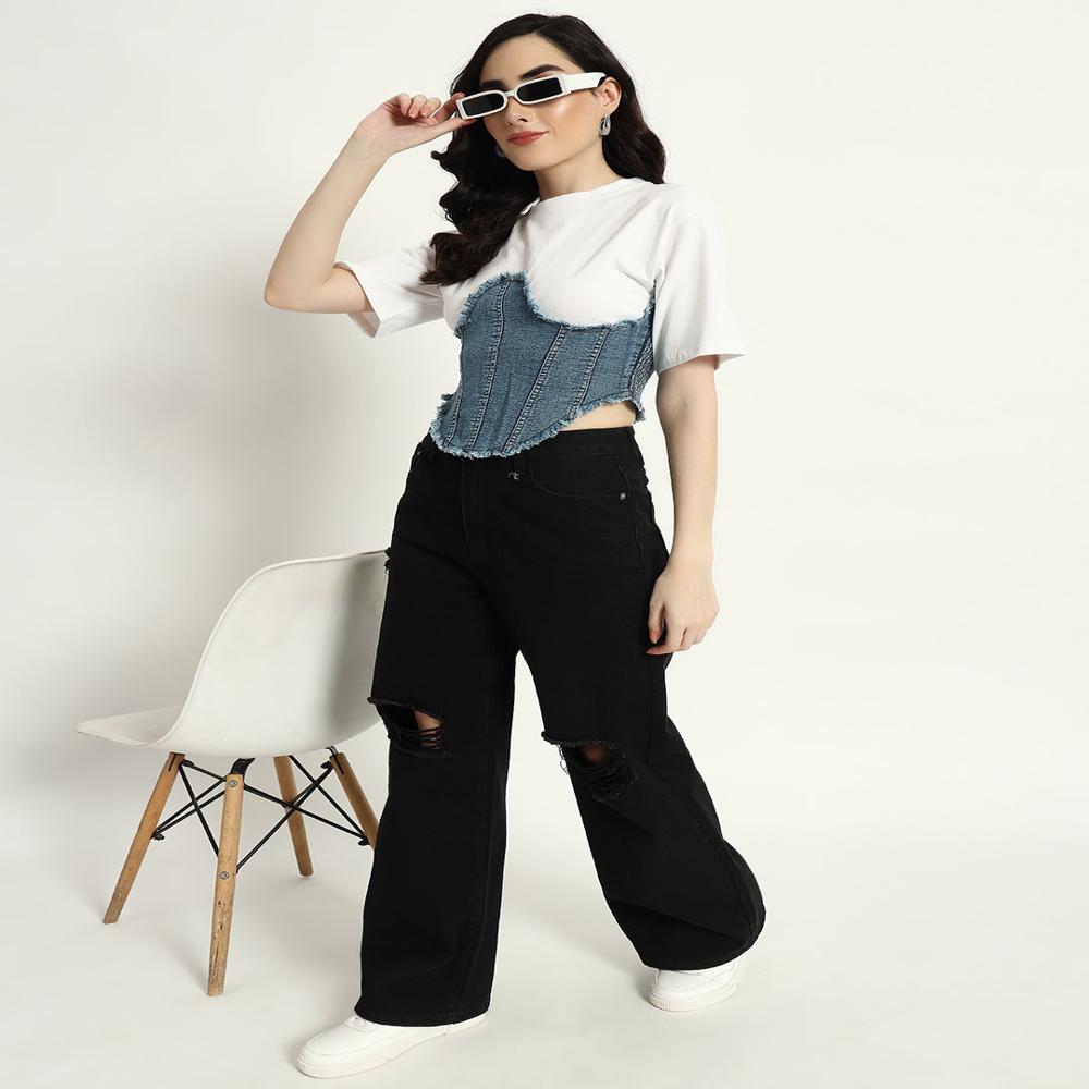 White Denim Corset Attached Top