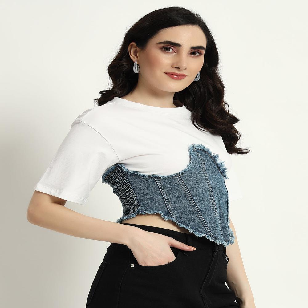 White Denim Corset Attached Top