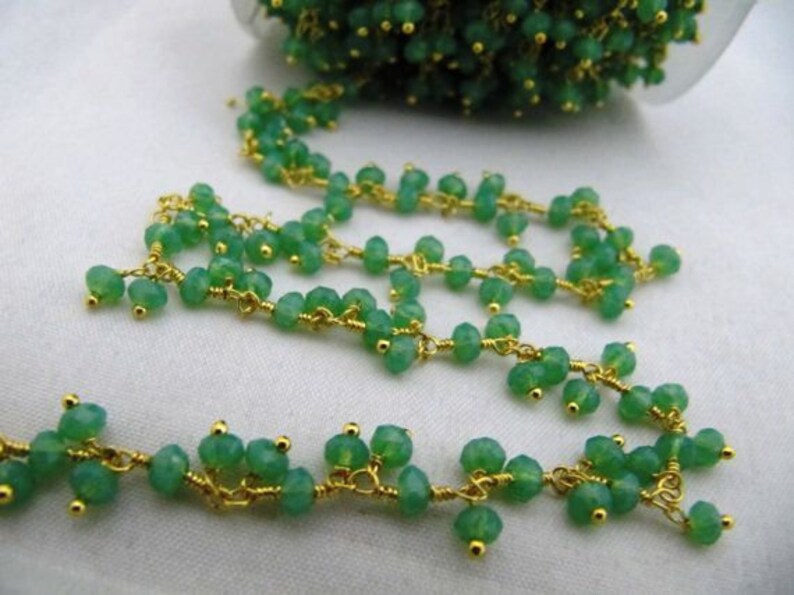 green Onyx beaded Dangling Chain, Beads 3mm Rondelle faceted Cluster Rosary Dangling Chain