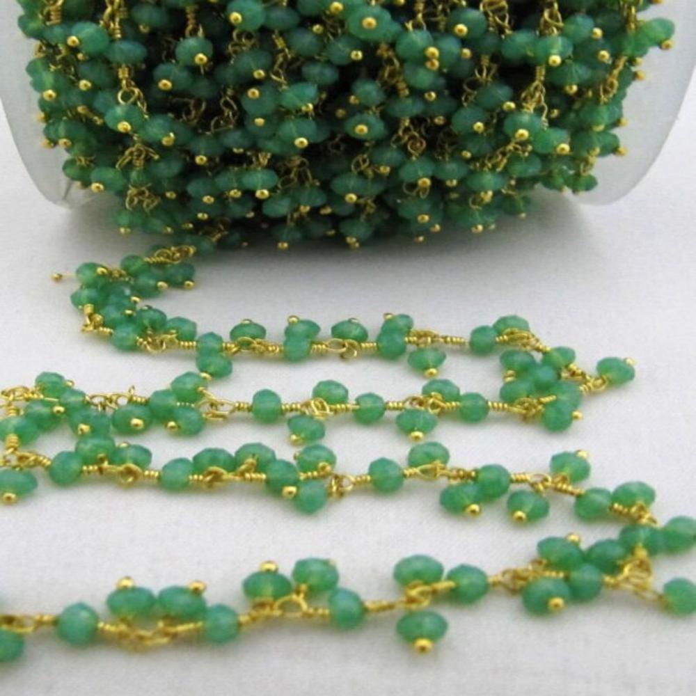 green Onyx beaded Dangling Chain, Beads 3mm Rondelle faceted Cluster Rosary Dangling Chain