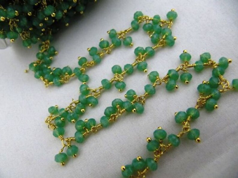 green Onyx beaded Dangling Chain, Beads 3mm Rondelle faceted Cluster Rosary Dangling Chain