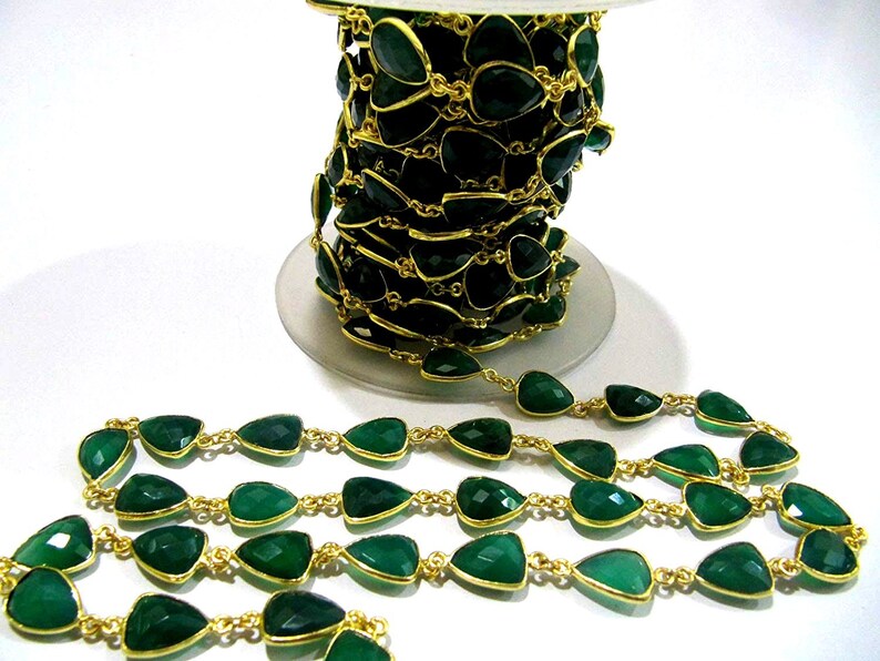 Natural Green Onyx Trillion Shape Briolette Faceted Bezel Connector Chain 10x13mm