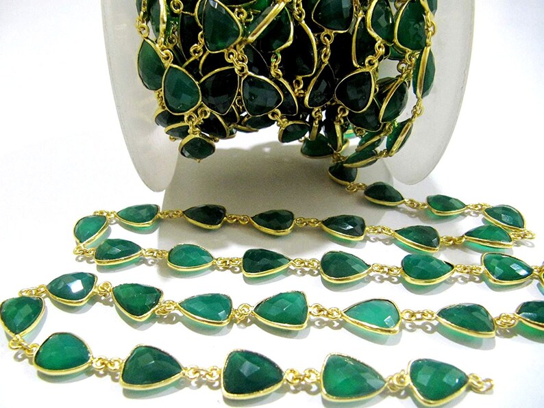 Natural Green Onyx Trillion Shape Briolette Faceted Bezel Connector Chain 10x13mm