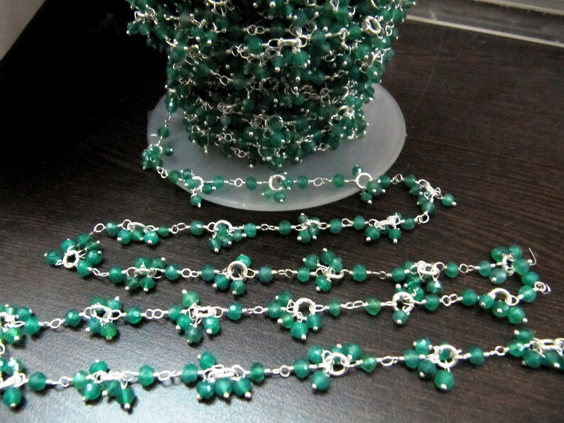 Green Onyx Flower Chain Rondelle faceted Beads 3 -4mm size Dangling Chain