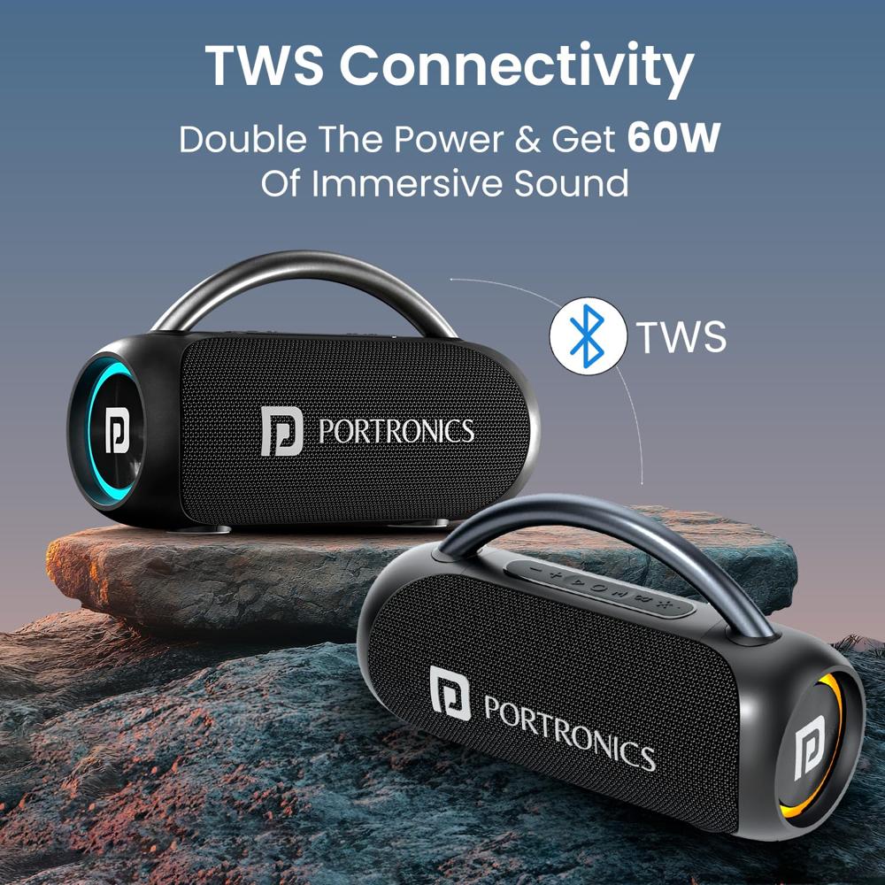 Portronics 30W Radiant 2 Portable Bluetooth Speaker with Wireless Karaoke Mic,6 Hour Playtime,HD Clarity Sound, Dual Driver, RGB LEDs, TWS Mode, BT5.3v, USB Drive, Aux in, Type C Fast Charging(Black)