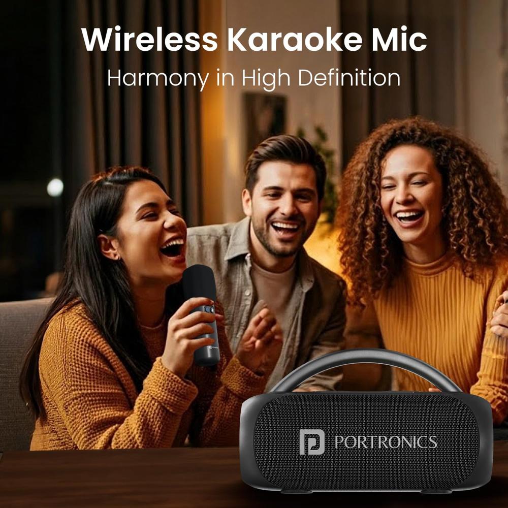 Portronics 30W Radiant 2 Portable Bluetooth Speaker with Wireless Karaoke Mic,6 Hour Playtime,HD Clarity Sound, Dual Driver, RGB LEDs, TWS Mode, BT5.3v, USB Drive, Aux in, Type C Fast Charging(Black)