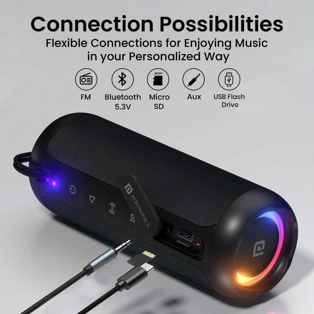 Portronics Breeze 5 25W Portable Wireless Bluetooth Speaker with in Built Mic,6 Hrs Playtime,RGB LEDs,TWS Mode,BT 5.3v,USB Drive,SD Card,AUX in,FM Radio,IPX5 Water Resistant,Type C Charging(Black)