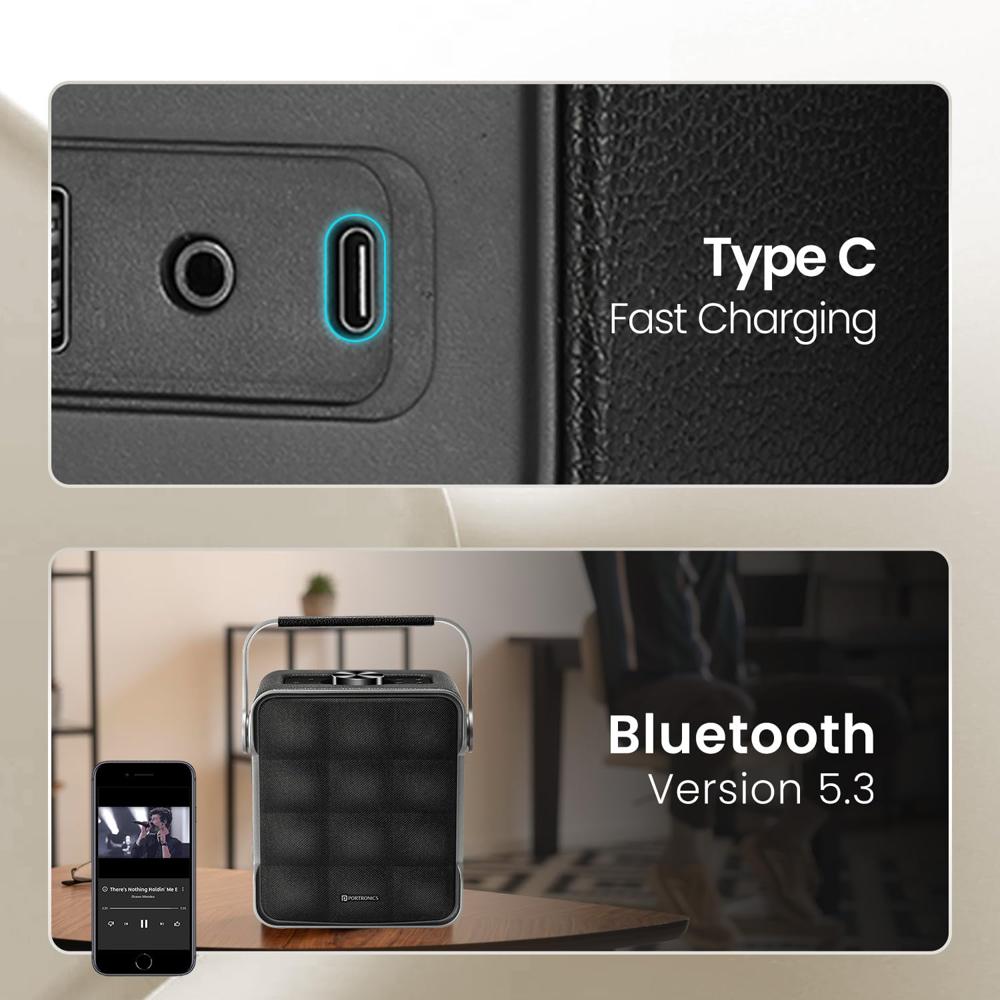 Portronics Harmony II 60W HD Sound Portable Bluetooth 5.3V Speaker, Bass Boost Technology, Upto 5 Hours Playtime, Bass/Treble Adjustment, Leather Finish, USB/AUX in, Type C Fast Charging(Grey)