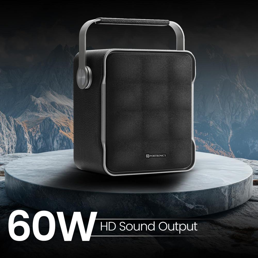 Portronics Harmony II 60W HD Sound Portable Bluetooth 5.3V Speaker, Bass Boost Technology, Upto 5 Hours Playtime, Bass/Treble Adjustment, Leather Finish, USB/AUX in, Type C Fast Charging(Grey)