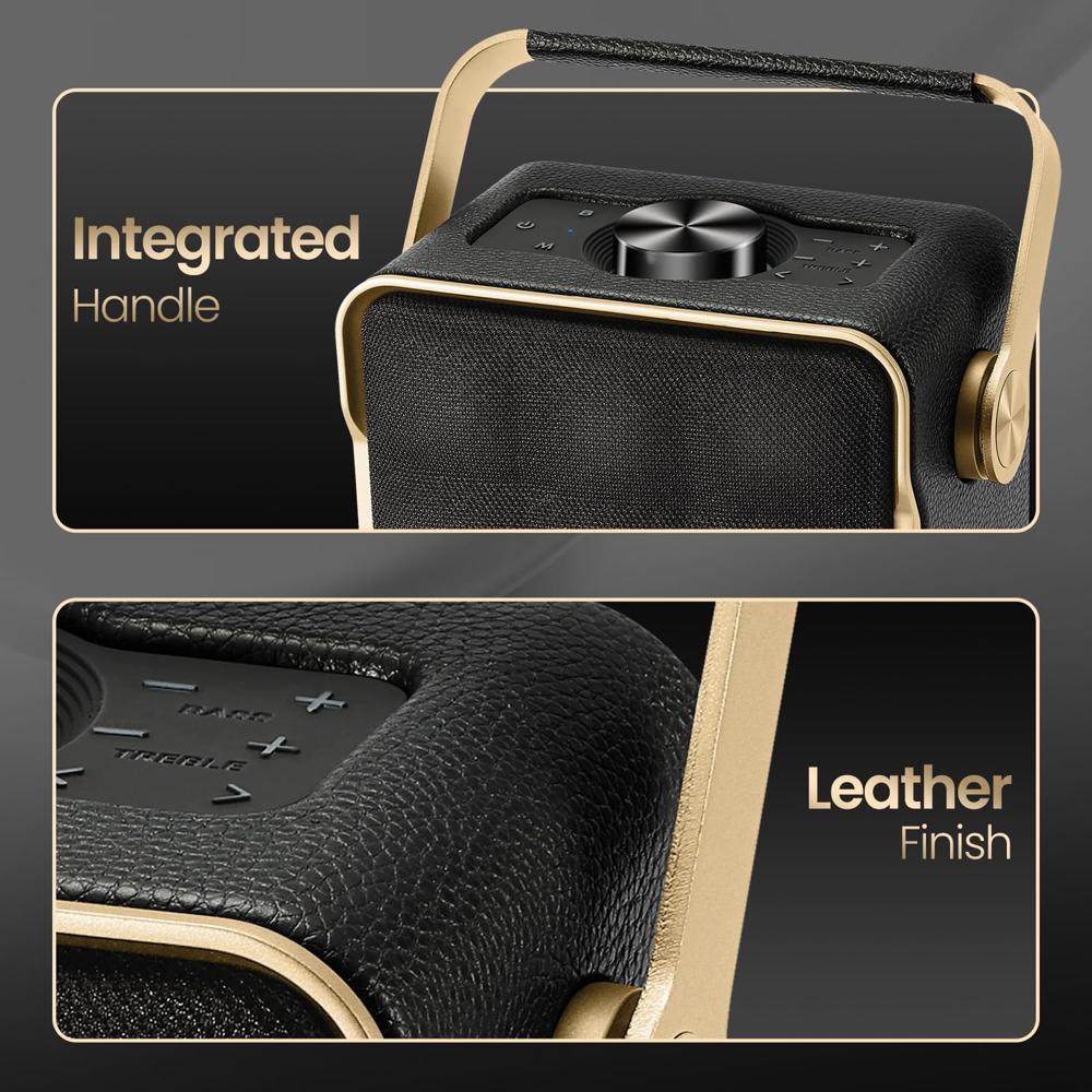 Portronics Harmony II 60W HD Sound Portable Bluetooth 5.3V Speaker, Bass Boost Technology, Upto 5 Hours Playtime, Bass/Treble Adjustment, Leather Finish, USB/AUX in, Type C Fast Charging(Gold)