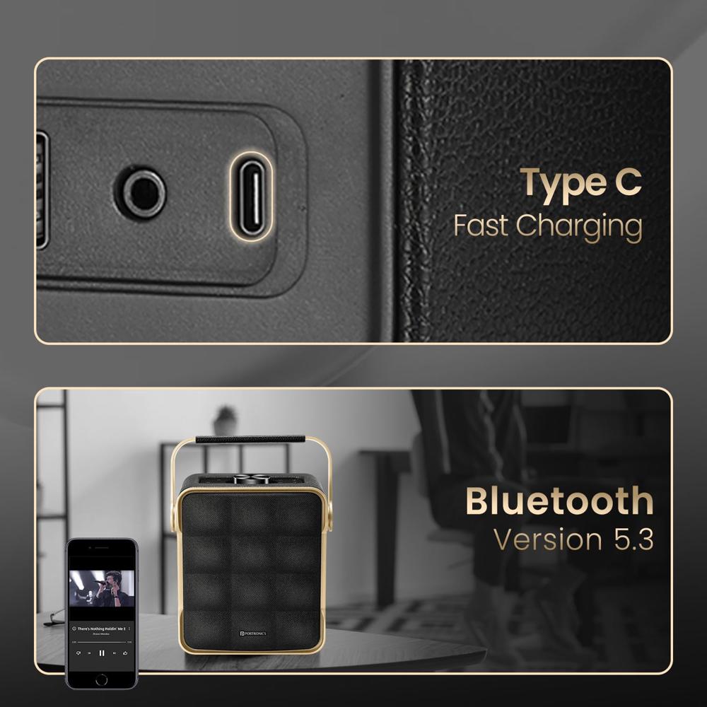 Portronics Harmony II 60W HD Sound Portable Bluetooth 5.3V Speaker, Bass Boost Technology, Upto 5 Hours Playtime, Bass/Treble Adjustment, Leather Finish, USB/AUX in, Type C Fast Charging(Gold)