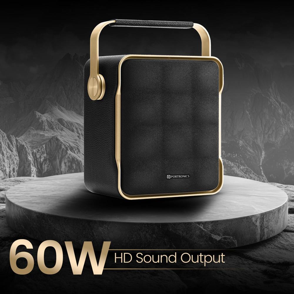 Portronics Harmony II 60W HD Sound Portable Bluetooth 5.3V Speaker, Bass Boost Technology, Upto 5 Hours Playtime, Bass/Treble Adjustment, Leather Finish, USB/AUX in, Type C Fast Charging(Gold)