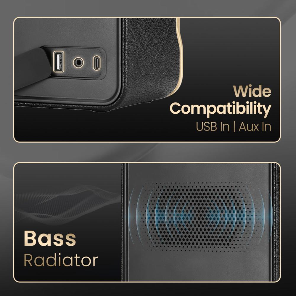 Portronics Harmony II 60W HD Sound Portable Bluetooth 5.3V Speaker, Bass Boost Technology, Upto 5 Hours Playtime, Bass/Treble Adjustment, Leather Finish, USB/AUX in, Type C Fast Charging(Gold)