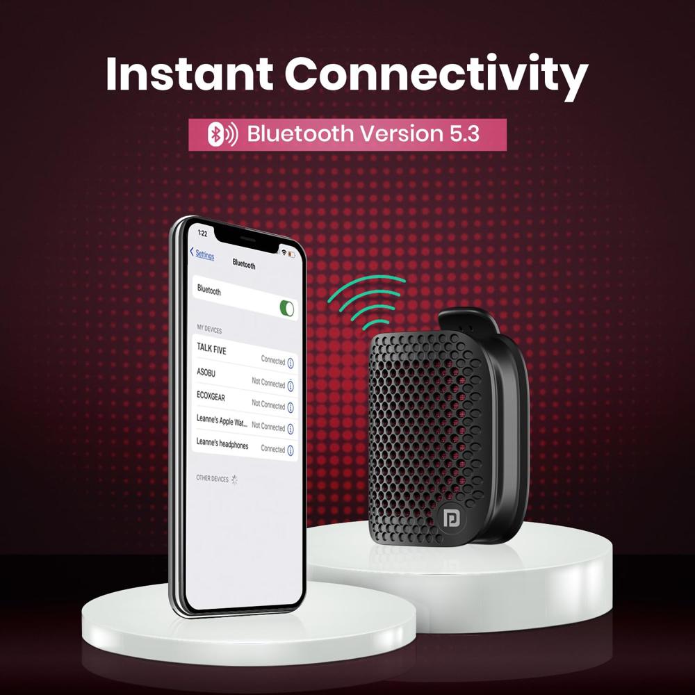 Portronics Talk Five 3W Wearable Bluetooth Speaker with Mic, Spring Clip-On, Upto 10Hours Playtime, IPX5 Water/Dust Resistant, Bluetooth 5.3v, Big Buttons, Portable Speaker with Microphone (Black)