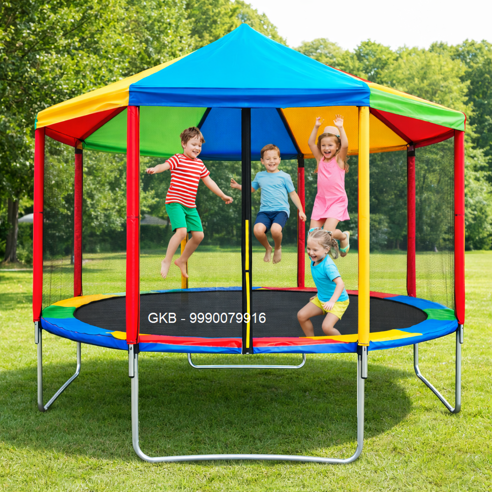 Kids Roof Trampoline with Colourful Canopy Tent, 14 feet Safety Enclosure Net, Outdoor Backyard Jumping
