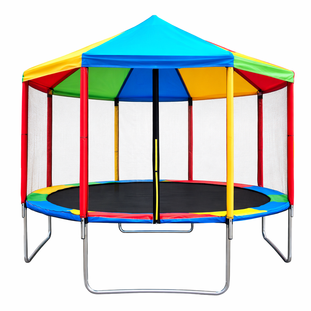 Kids Roof Trampoline with Colourful Canopy Tent, 14 feet Safety Enclosure Net, Outdoor Backyard Jumping