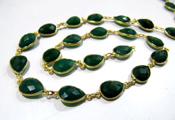 Natural Green Onyx Pear Shape Briolette Faceted Bezel Connector Chain 10x15mm