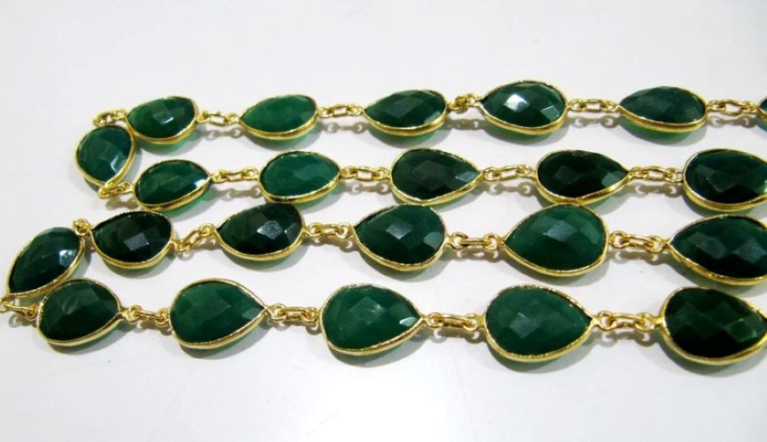 Natural Green Onyx Pear Shape Briolette Faceted Bezel Connector Chain 10x15mm