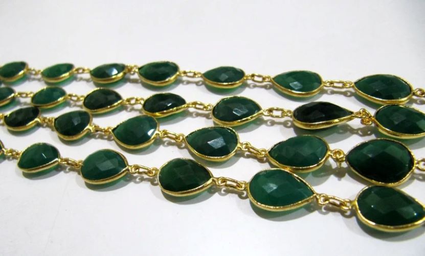 Natural Green Onyx Pear Shape Briolette Faceted Bezel Connector Chain 10x15mm