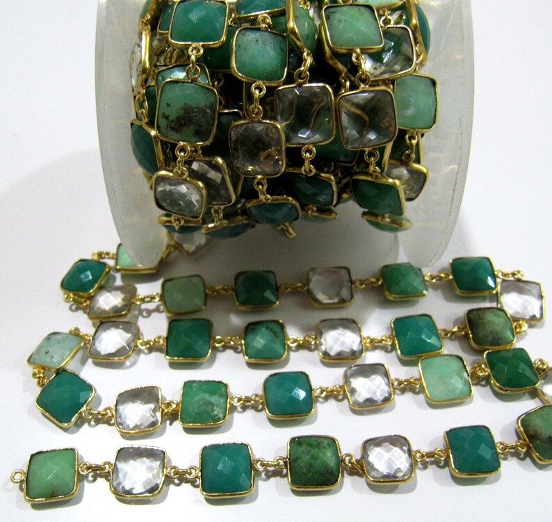 Natural Chrysoprase Green Onyx and Rock Crystal 10mm Cushion shape Briolette Faceted Connector Chain