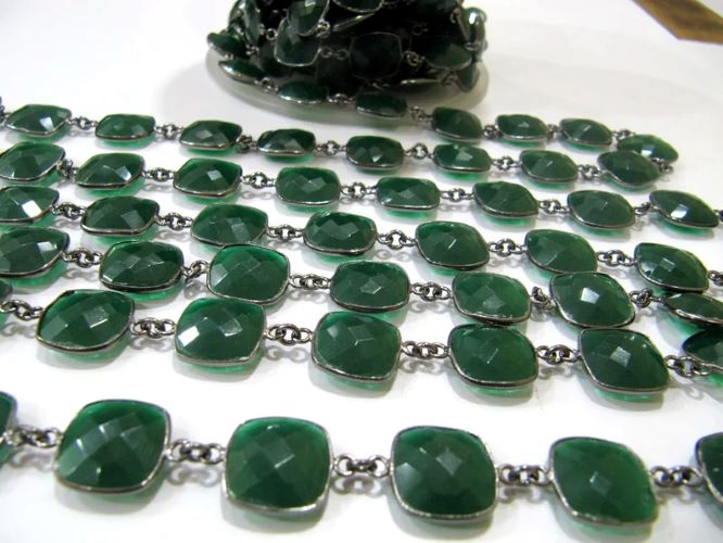 Green Onyx Chalcedony Chain: 13mm Cushion Briolette Bezel Connector, Sold Per Foot