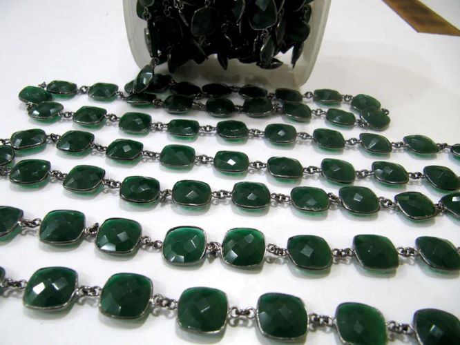 Green Onyx Chalcedony Chain: 13mm Cushion Briolette Bezel Connector, Sold Per Foot