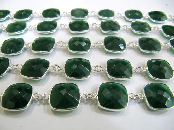 Green Onyx Chalcedony Chain: 13mm Cushion Briolette Bezel Connector, Sold Per Foot