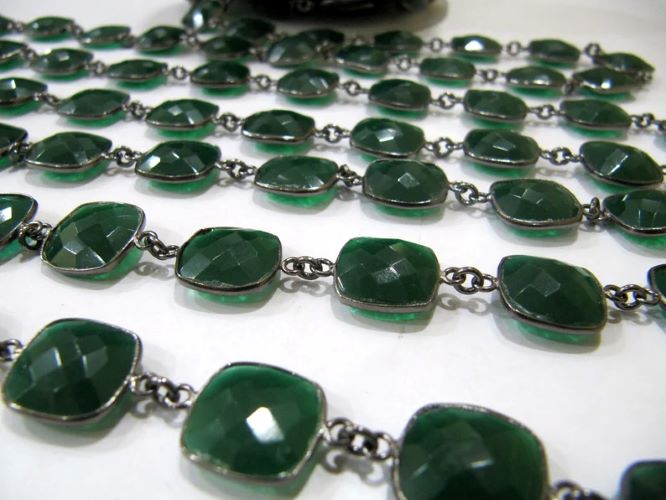 Green Onyx Chalcedony Chain: 13mm Cushion Briolette Bezel Connector, Sold Per Foot