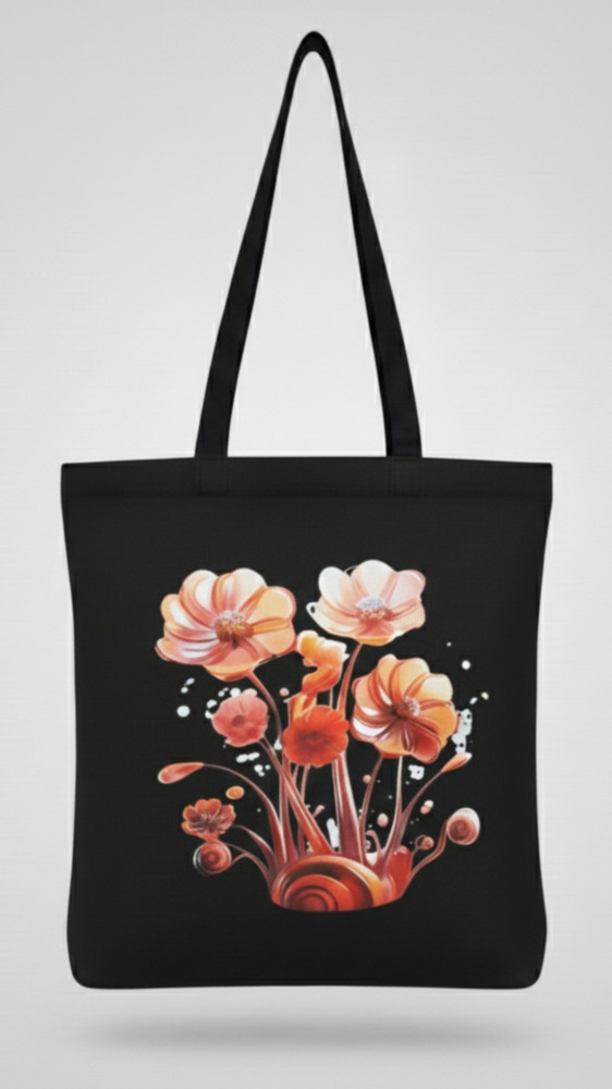 Ladies Orange Flower Print Canvas Tote Bag