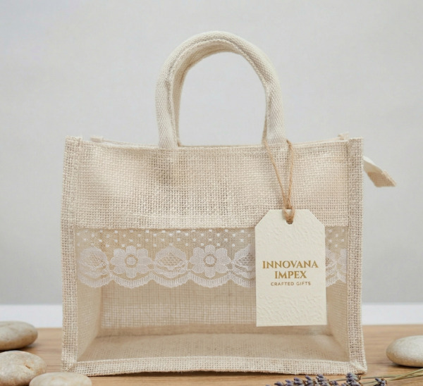 10x8x5 Inch Jute Gift Hamper Bags Off White Color