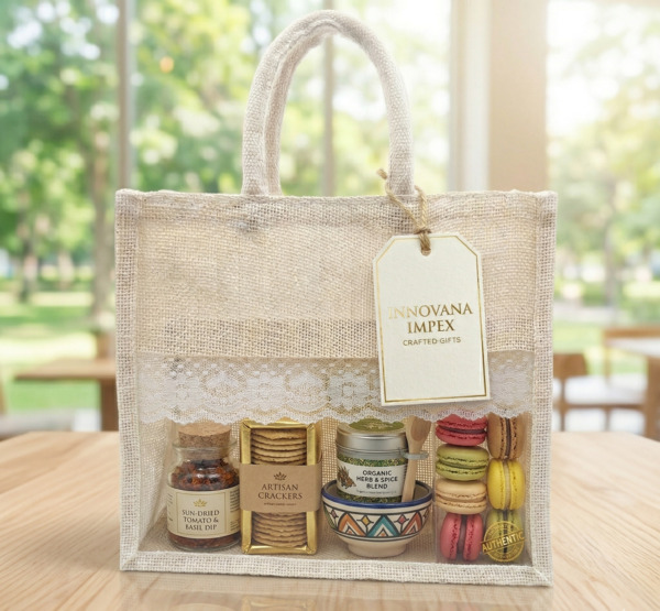 10x11x5 Inch Jute Gift Hamper Bags With Window