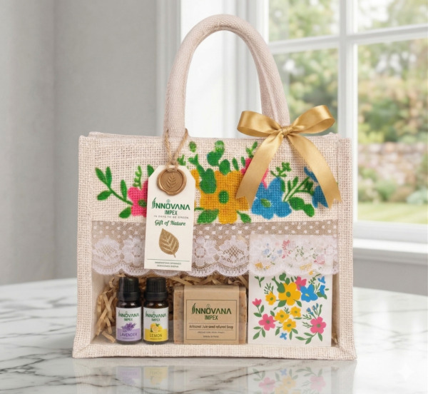 Floral Design 10x8x5 Inch Jute Gift Hamper Bags