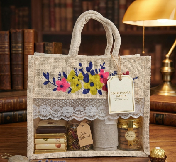 Floral Design 12x10x5 Inch Jute Gift Hamper Bags with Window
