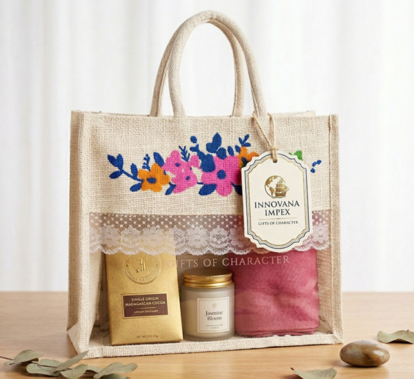 Floral Design 14x12x5 Inch Jute Gift Hamper Bags with Window