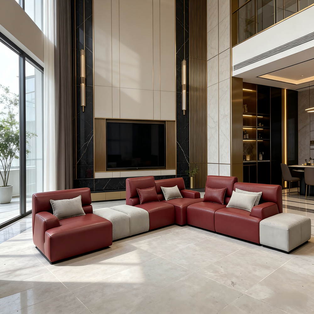 Modular U-shaped Leather Sectional Sofa, Luxury Burgundy Convertible Corner Couch With Ottoman