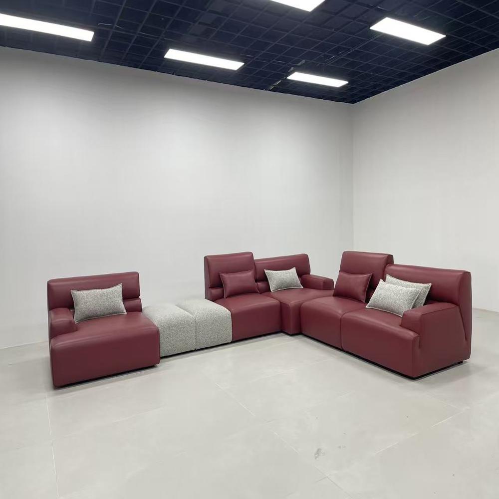 Modular U-Shaped Leather Sectional Sofa, Luxury Burgundy Convertible Corner Couch with Ottoman
