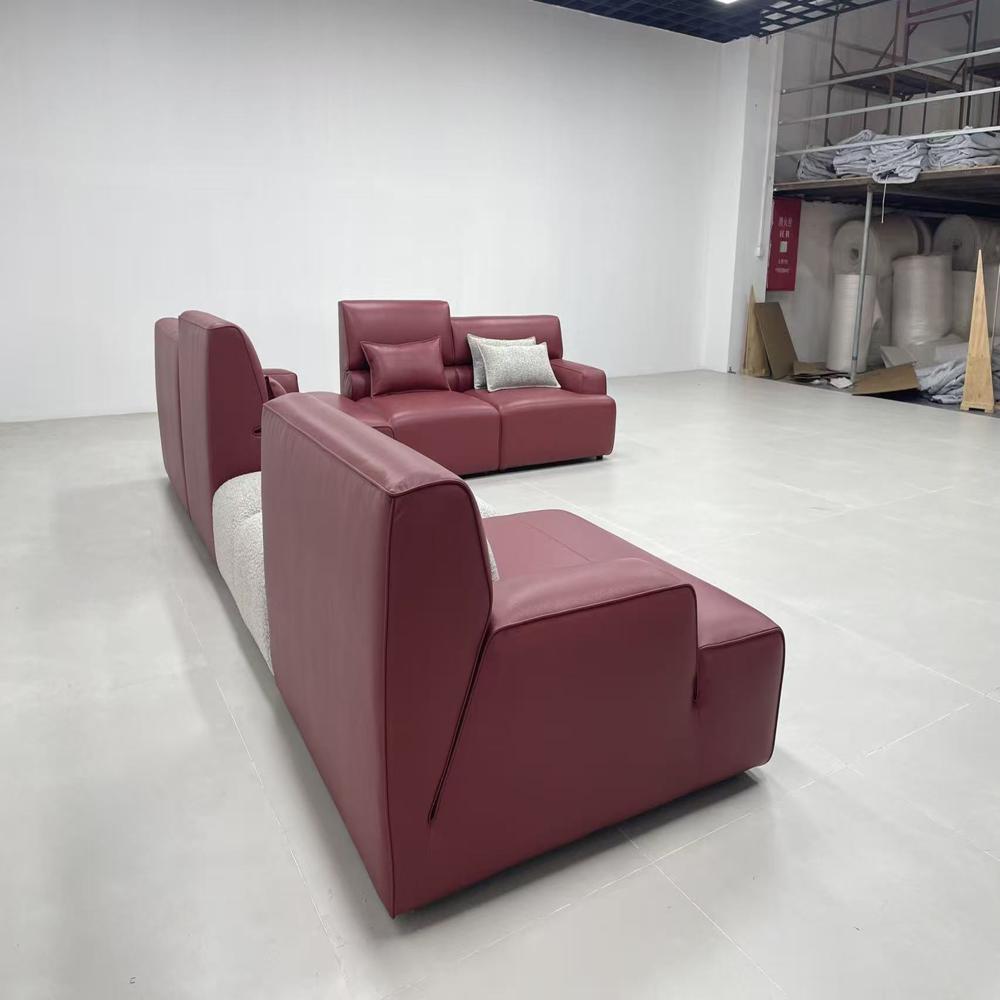 Modular U-Shaped Leather Sectional Sofa, Luxury Burgundy Convertible Corner Couch with Ottoman