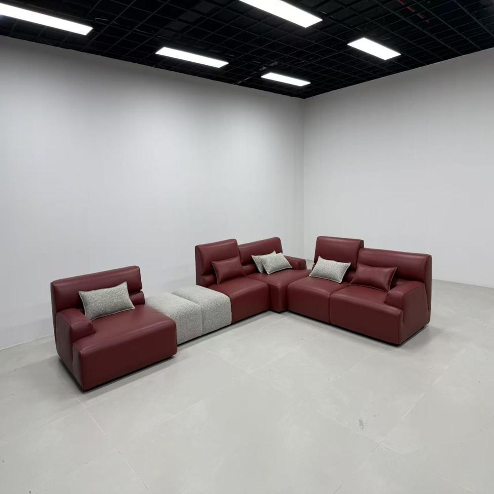 Modular U-Shaped Leather Sectional Sofa, Luxury Burgundy Convertible Corner Couch with Ottoman