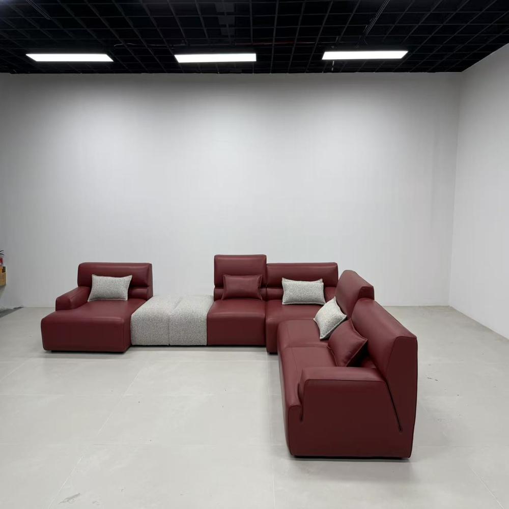 Modular U-Shaped Leather Sectional Sofa, Luxury Burgundy Convertible Corner Couch with Ottoman