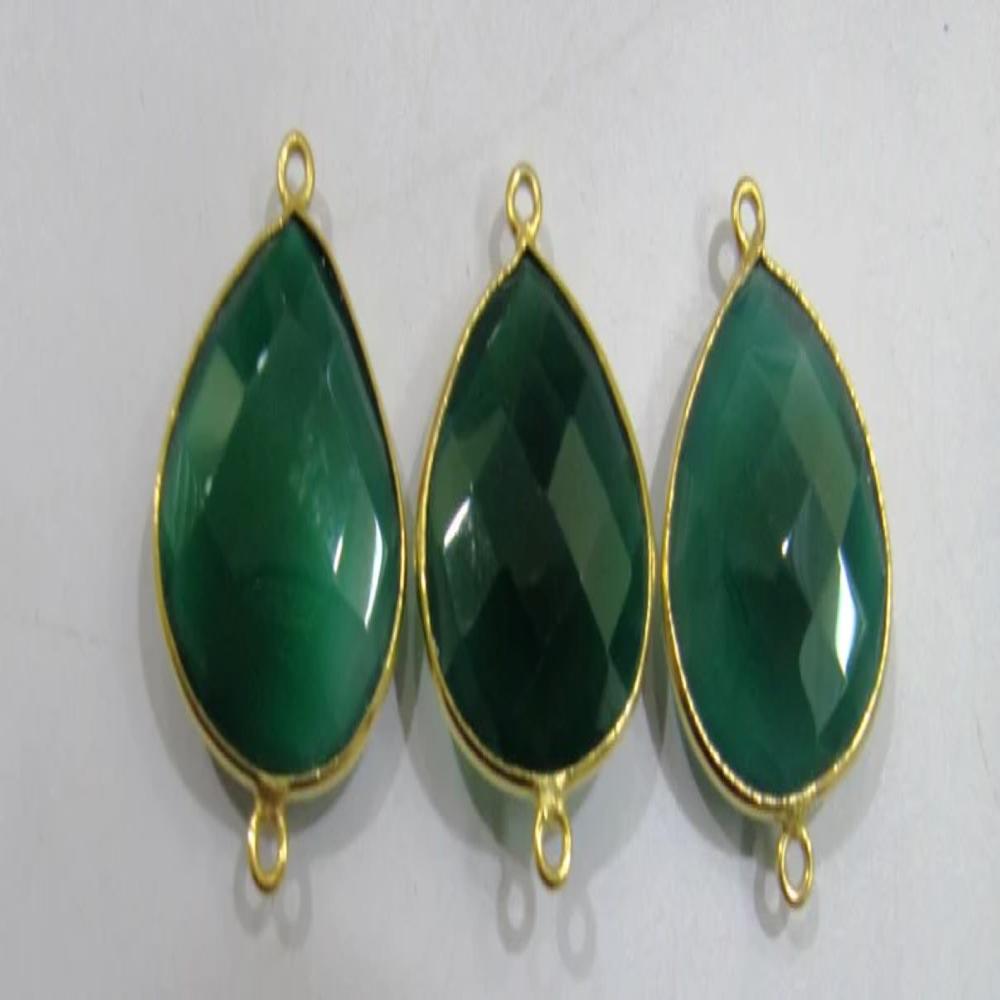 Natural Green Onyx Heart Shape 20mm Briolette Bezel Connectors Double Loop Bezel